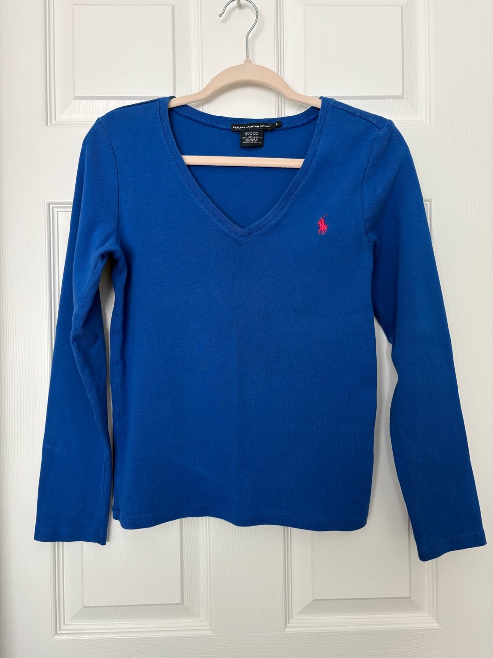 RALPH LAUREN SPORT LONG SLEEVE TOP WOMENS ROYAL BLUE WITH RED PONY LOGO SZ L